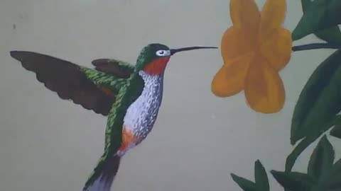 Hummingbird green and white next to an orange flower, drawn on the wall [Nature & Animals]