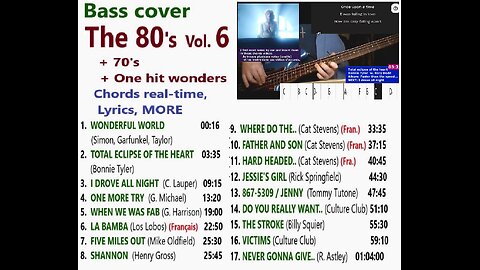 Bass cover THE 80's (70's) Vol. 6 __ Chords real-time, Lyrics, MORE