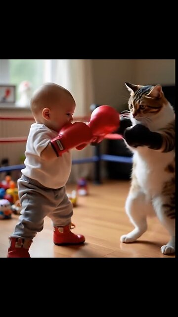 cute baby fight with cat