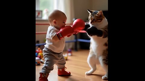 cute baby fight with cat