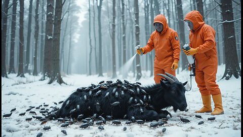 A rescue team rescues an injured goat