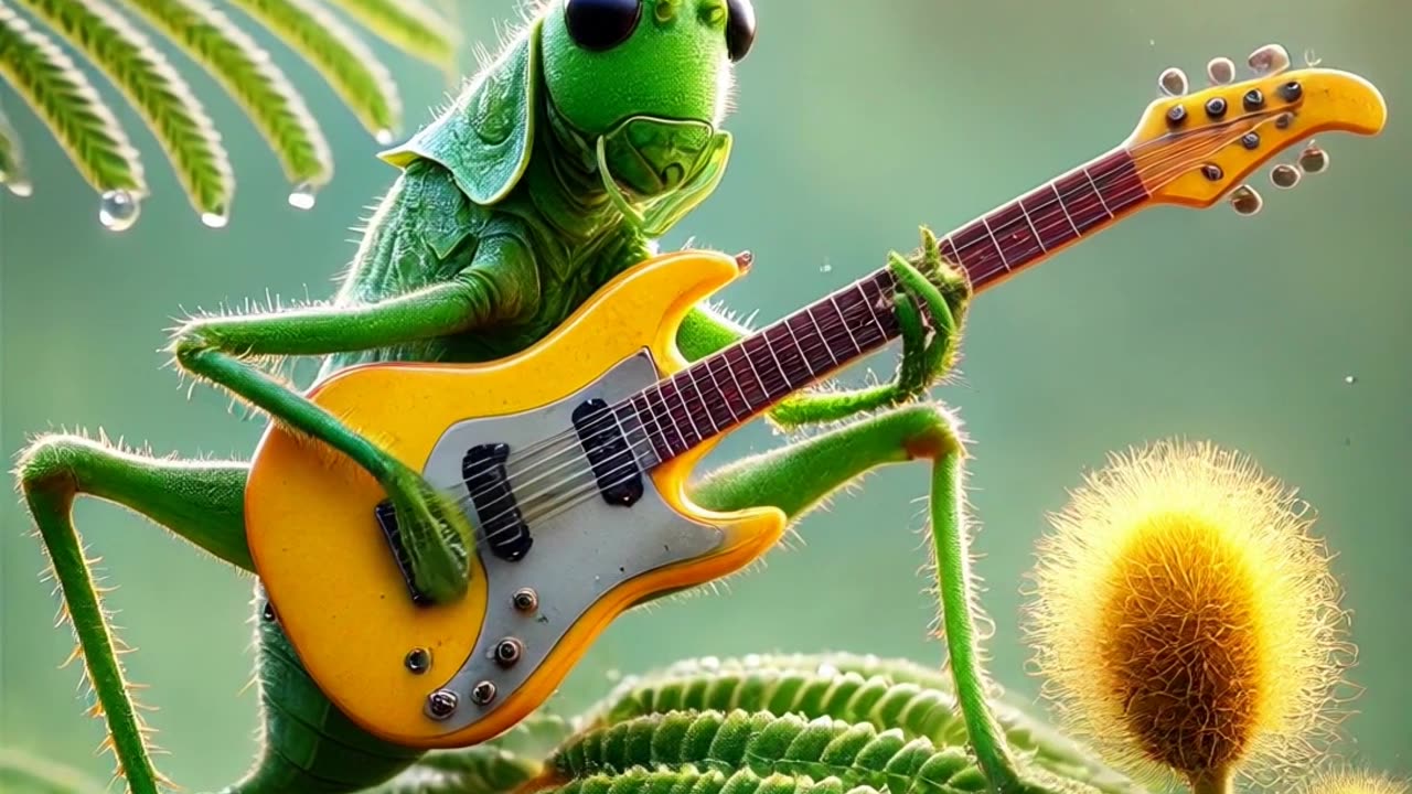 image of a green grasshopper playing an electric guitar on a mimosa leaf