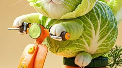 A cat made of Cabbage is riding a motocycle