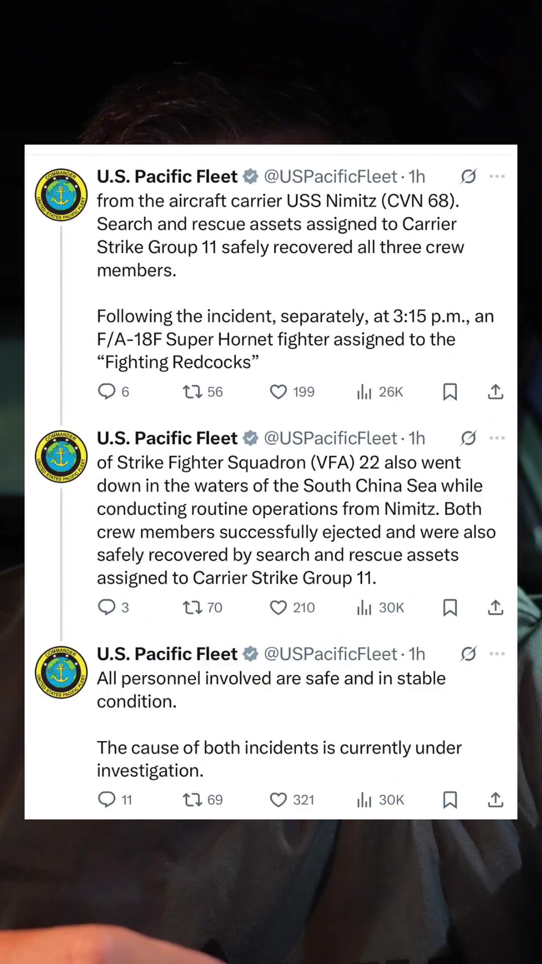 A U.S. Navy MH-60R Seahawk helicopter and an F/A-18F Super Hornet fighter jet both crashed