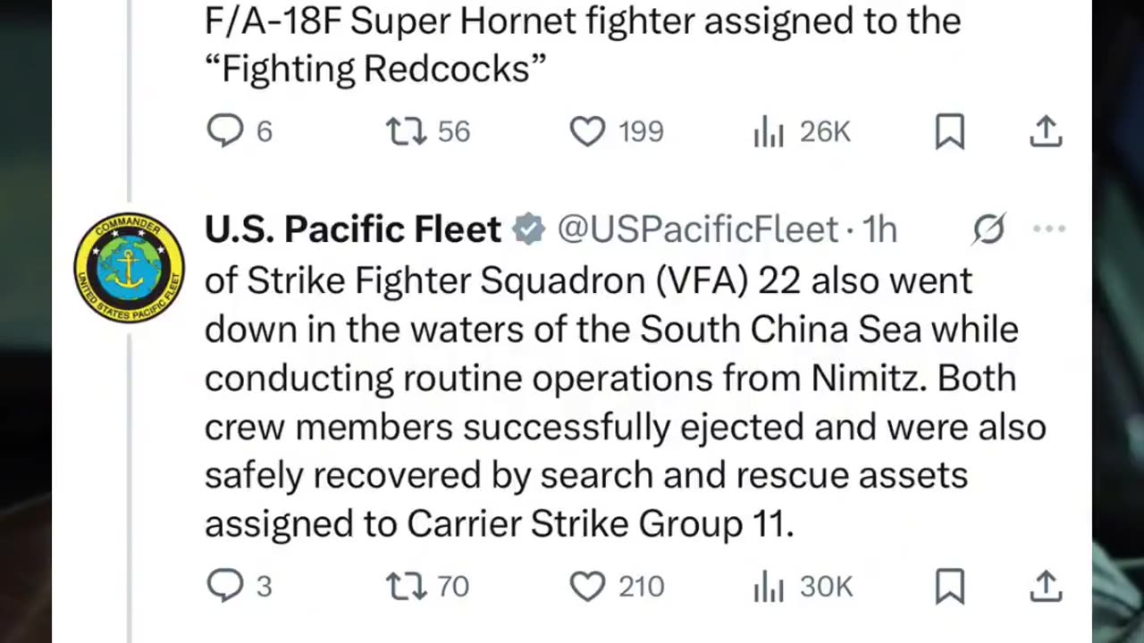 A U.S. Navy MH-60R Seahawk helicopter and an F/A-18F Super Hornet fighter jet both crashed