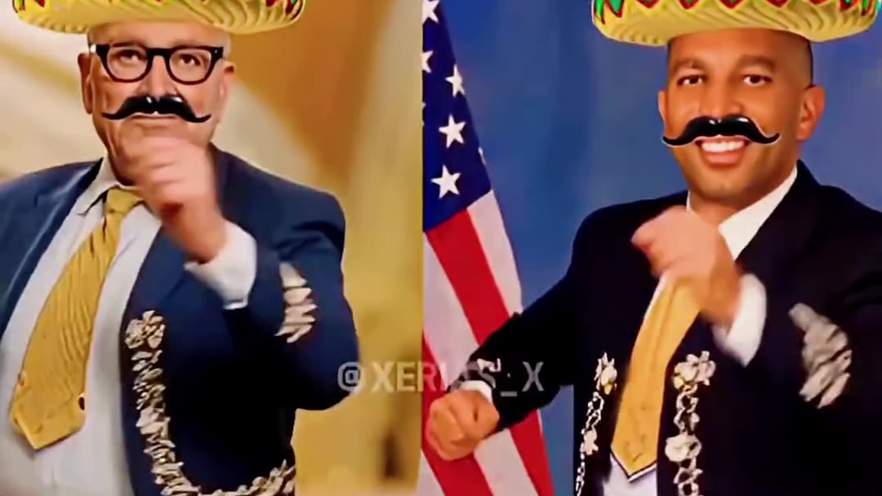 Trump tossing mustaches and sombreros at Chuck Schumer and Hakeem Jeffries 🤣🌮🤣