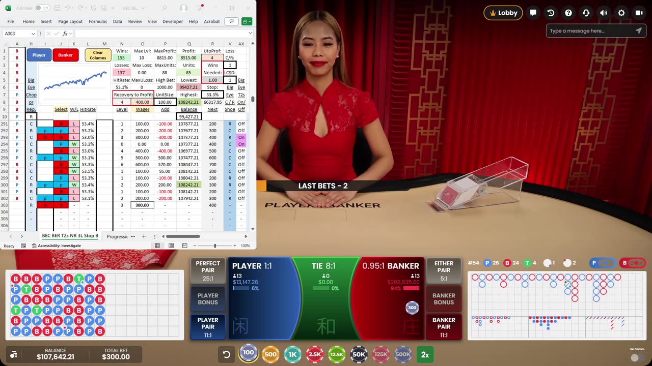 Live Baccarat - BEC BER T2s NR 3L Stop B - Betting against the sheet after 1 loss
