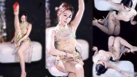 Sexy dancer in cheongsam with a slit, flesh-colored stockings, high heels, revealing underwear