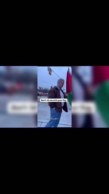 Lying Zionist accuses protestor of hitting him with Palestinian flag