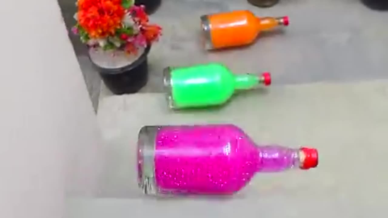 Breaking and crashing bottles of glasses through a escalater