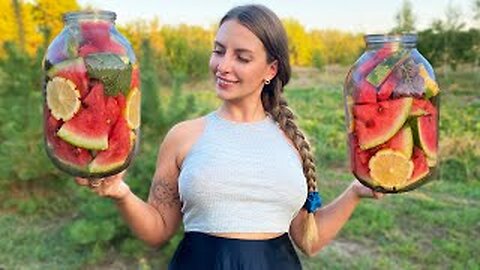 Village Girl Prepares Juicy Watermelons in Glass Jars _ Relaxing Village Kitchen ASMR