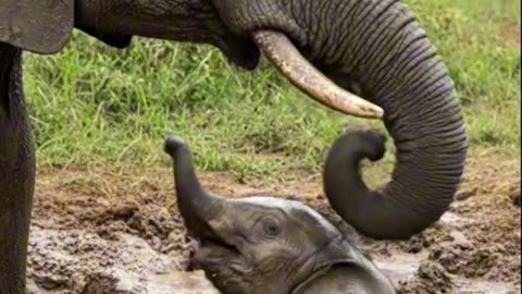 Elephant Pulls Baby Elephant from Deep Mud #viral #elephant #cute #fyp #elephant