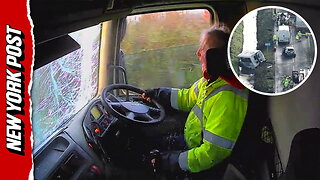 Moment truck driver causes horrific accident because windshield was fogged up