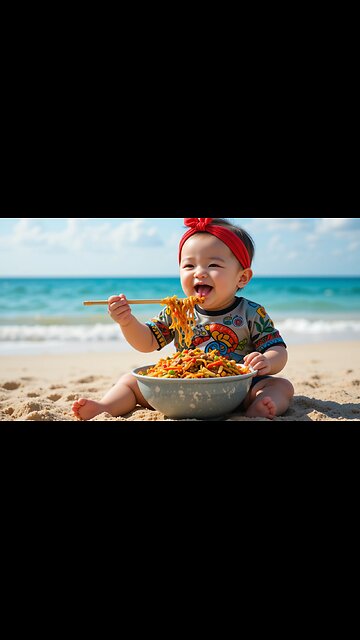 Adorable Baby Smiles While Eating Noodles at the Beach! 🍜🏝️❤️"