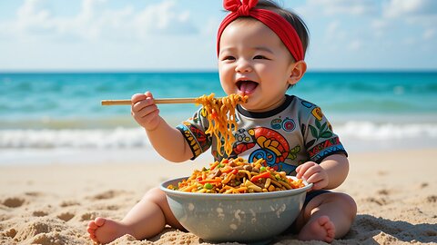 Adorable Baby Smiles While Eating Noodles at the Beach! 🍜🏝️❤️"