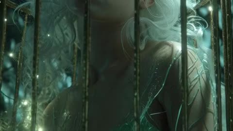 Create a video of an ethereal nymph with long, wavy white hair