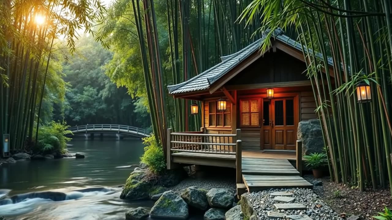 Tranquil Bamboo Retreat: Soothing Sounds of Nature & Flowing River