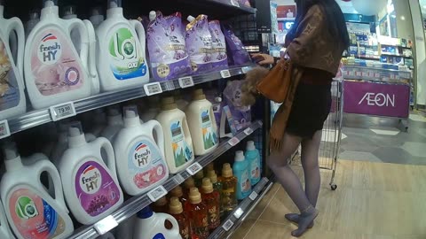 Supermarket shopping in nylons - no shoes!