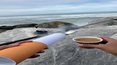 Fun with Coffee and a Giant Cigarette Prop – Coastal Vibes!"