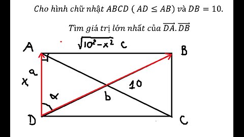 Cho hình chữ nhật ABCD ( AD≤AB) và DB=10. Tìm giá trị lớn nhất của (DA) ⃗.(DB) ⃗