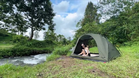 Camping with a Transparent Roof Tent Next to a Stream - Exciting day camping