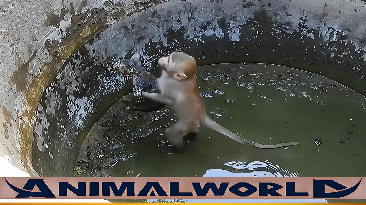 The kitten unfortunately falls into a deep well, and monkey makes a great effort to rescue it