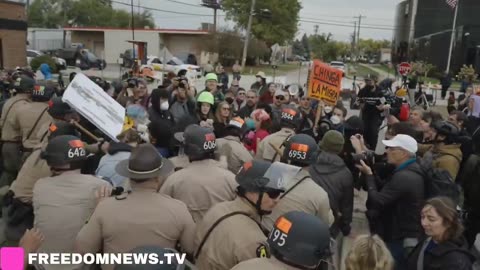 Anti-ICE rioters outside the Broadview ICE facility near Chicago in Illinois attack