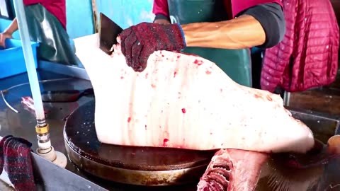 Seaport Market Fresh Fish, Manta Ray Fish Cutting, Grilled Fish in Banana Leaf