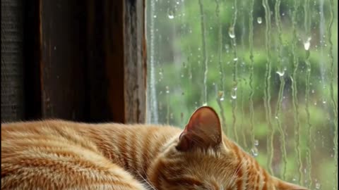 Sleeping Cat by the Window with Rain Sounds | 1 Hour Cozy Rain Ambiance for Relaxation