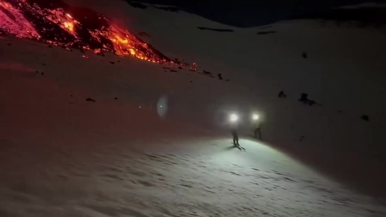 Mount Etna is erupting with its summit covered in snow