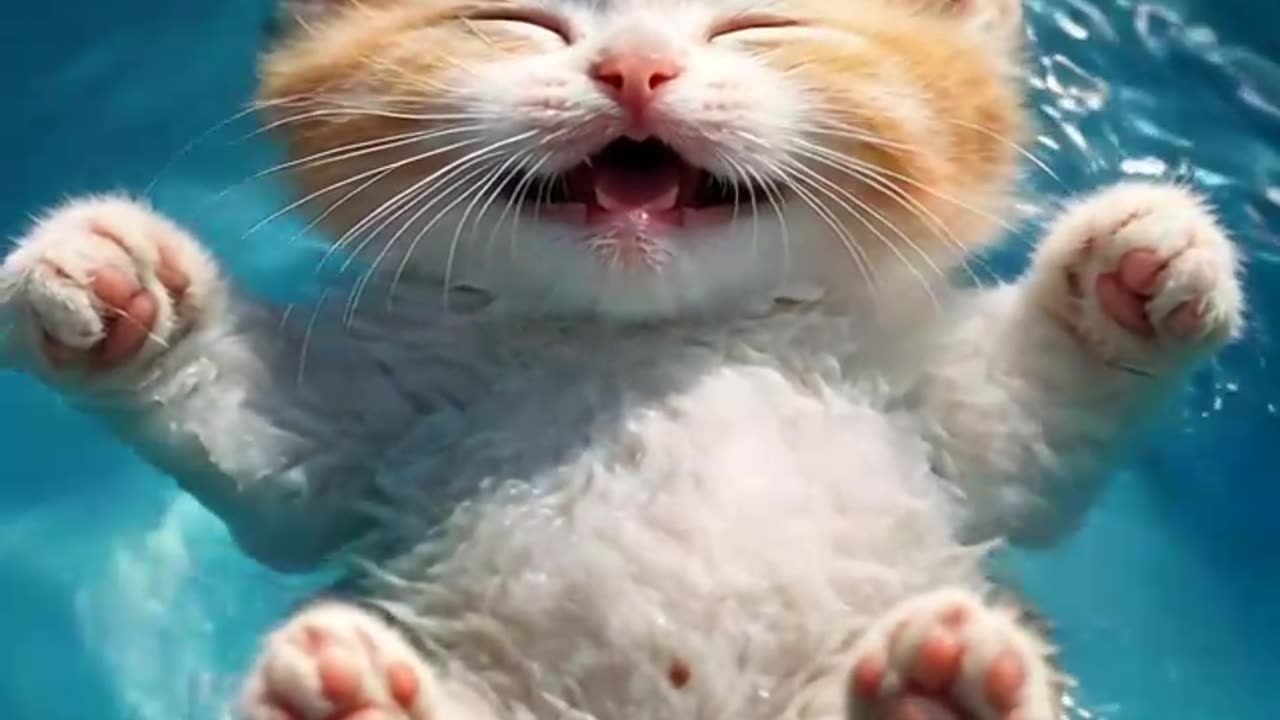 A kitten swimming on its back, happily enjoying the water.