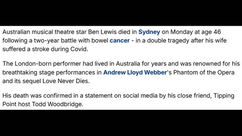Australian theatre star Ben Lewis dies Of Bowel Cancer - Wife Suffered Blood Clots & Stroke.