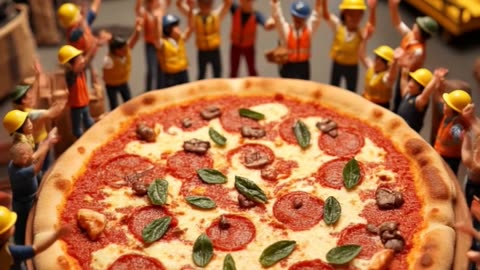 Mini construction crew builds a pizza