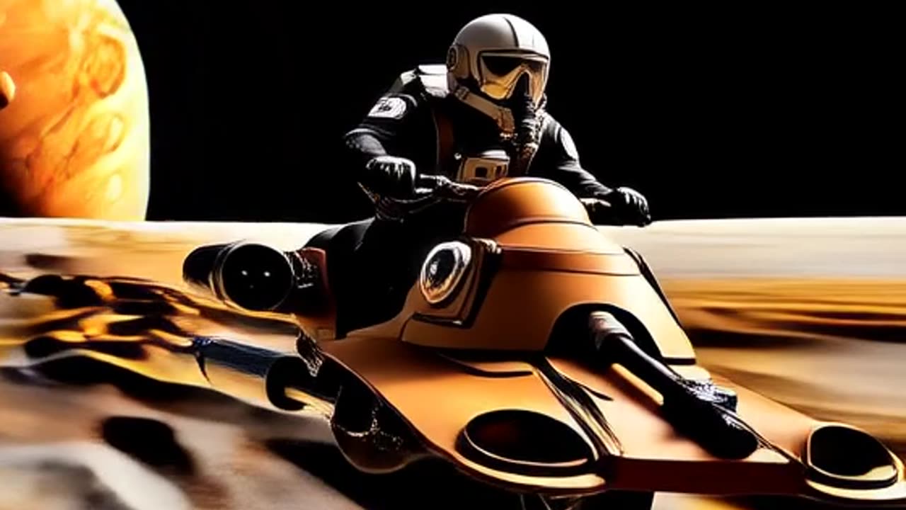 Speeder bike riding on Europa near Jupiter