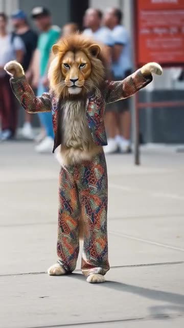 Lions dressed like human dancing in public