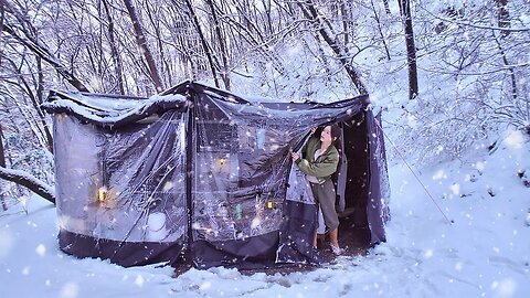 🌨 Camping in a 270-degree awning tent in heavy snow and rain A glass of makgeolli