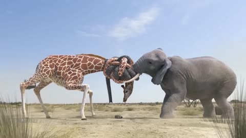 Giraffe Vs Elephant fight for Water