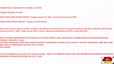 NCTV45 SCHOOL CLOSINGS AND DELAYS AS OF 12:51 PM MONDAY JAN 26 2026