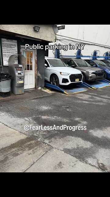 A public parking lot with stacked car lifts New York got a hustle for everything 😂