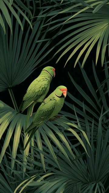 green parrots on palm fronds