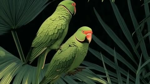 green parrots on palm fronds