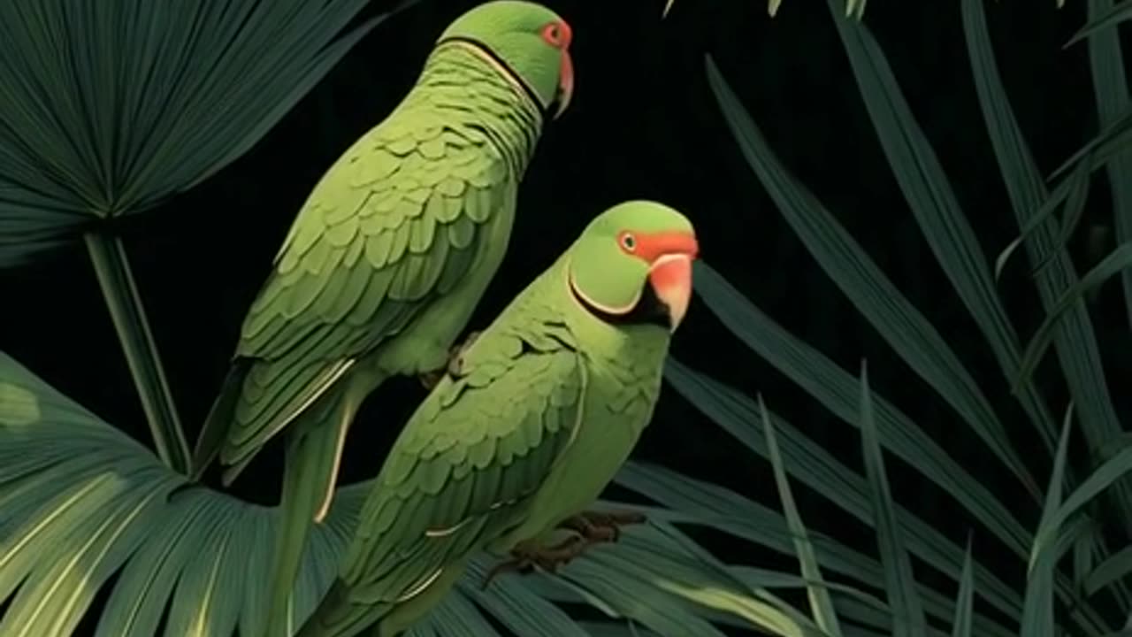 green parrots on palm fronds