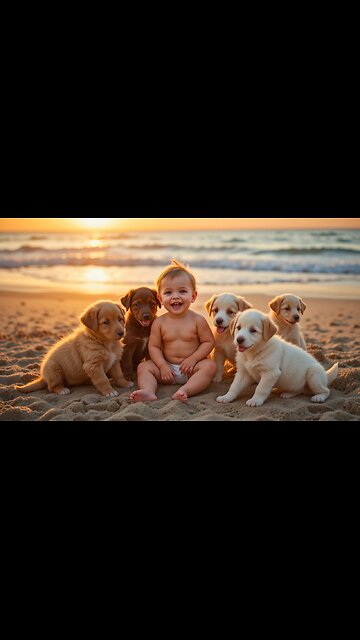 Adorable Baby Surrounded by Puppies at Sunset—So Cute! 🌊🐾❤️