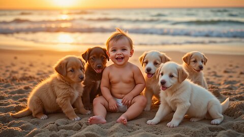 Adorable Baby Surrounded by Puppies at Sunset—So Cute! 🌊🐾❤️