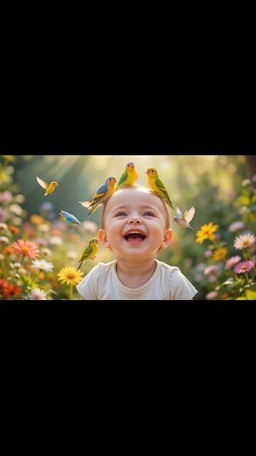 Joyful Baby Surrounded by Colorful Birds: Pure Happiness!