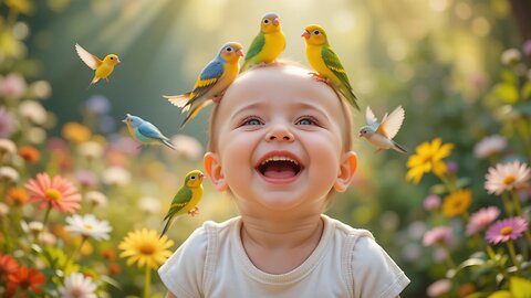 Joyful Baby Surrounded by Colorful Birds: Pure Happiness!