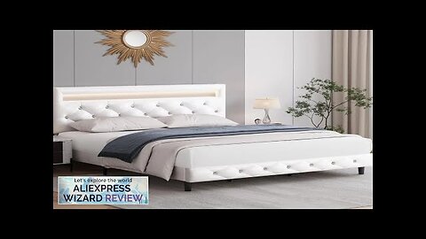 Modern Upholstered Queen Bed Frame with LED Lights Adjustable Crystal Button Tufted Review