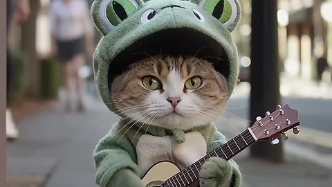 Cute Frog-Suit Kitty Shreds Guitar 🎸🐱🐸#cat #cute #cats #frog