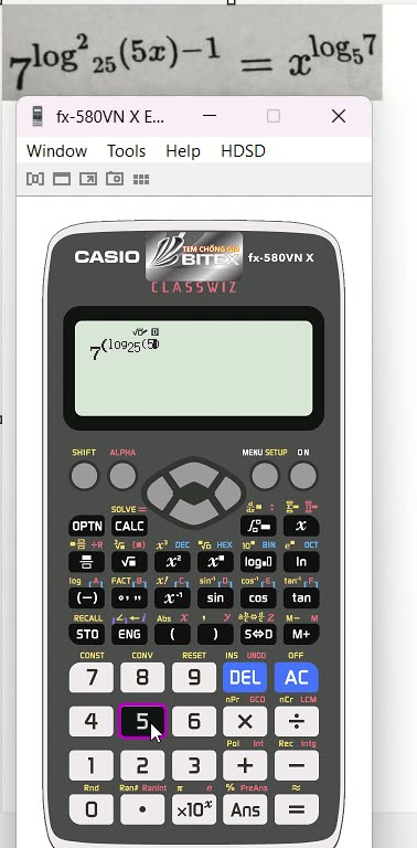 Toán 11: Hàm log - Thủ thuật CASIO: 7^( (log 25 (5x))^2 - 1) = x^(log 5 (7))