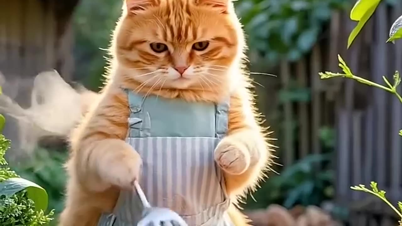 The cat chef cooks vegetables